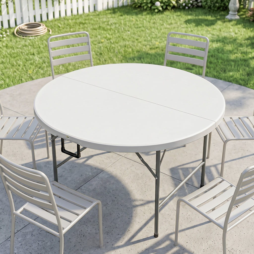 Table ronde de jardin pliante Ø122 cm peut accueillir 6 personnes pour évènement, structure métal, plateau HDPE-1