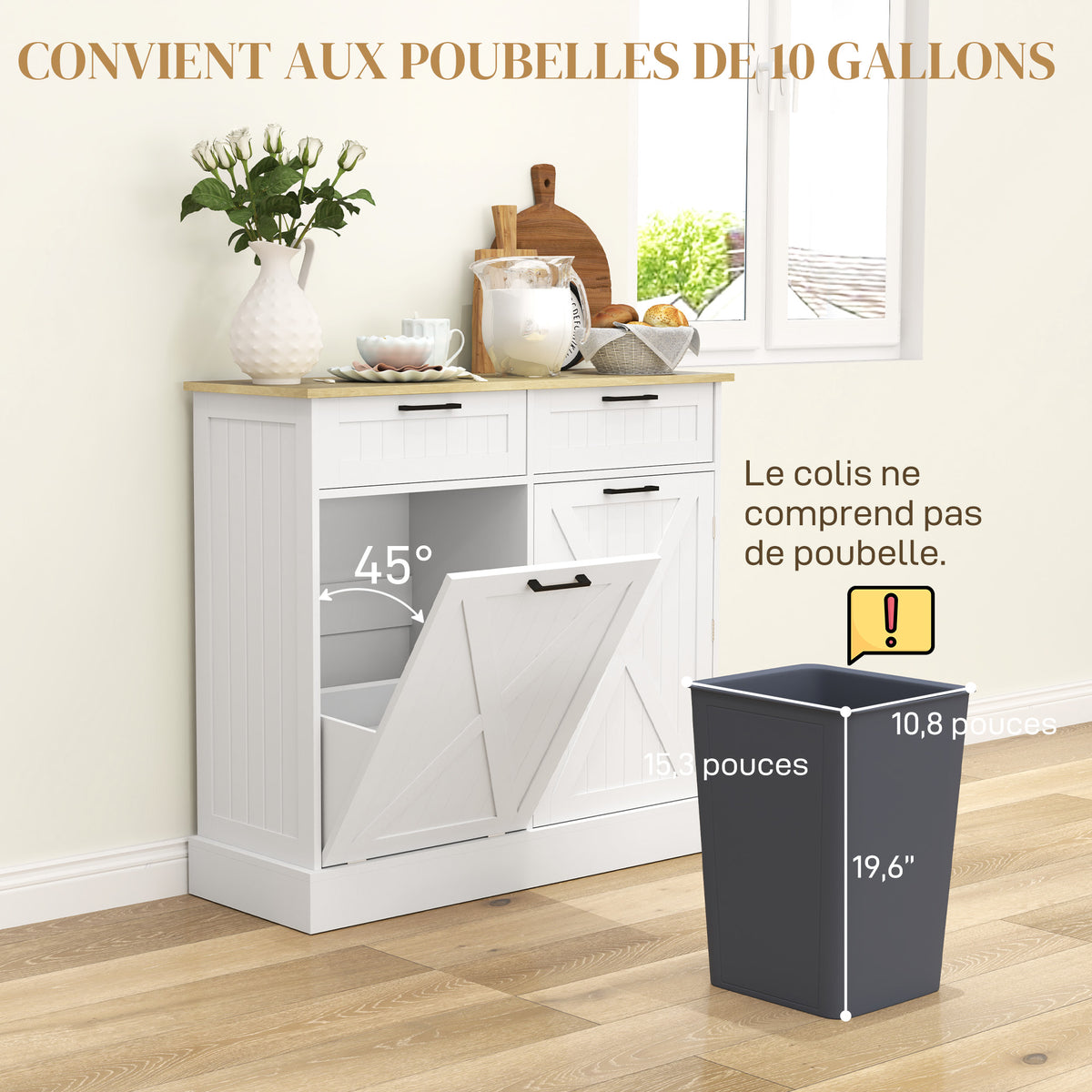 Buffet cuisine avec meuble poubelle 38L, meuble cuisine rangement, 2 tiroirs, étagère à épices et plan de travail, blanc-4