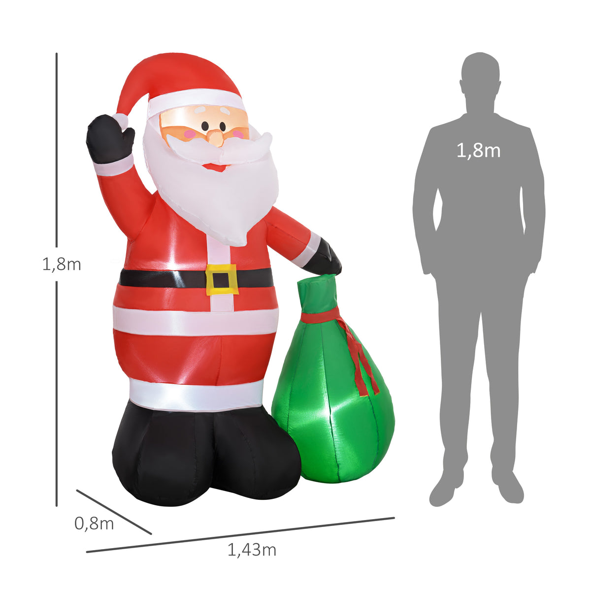 Père de Noël gonflable de 180 cm avec lumières LED, matériel fixation et souffleur, intérieur et extérieur-2