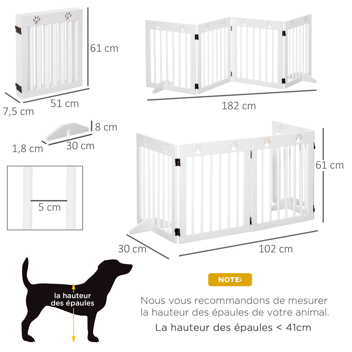 Barrière de sécurité barrière modulable pliable pour animaux de compagnie 4 panneaux en bois de pin massif 204 x 30 x 61 cm blanc-2