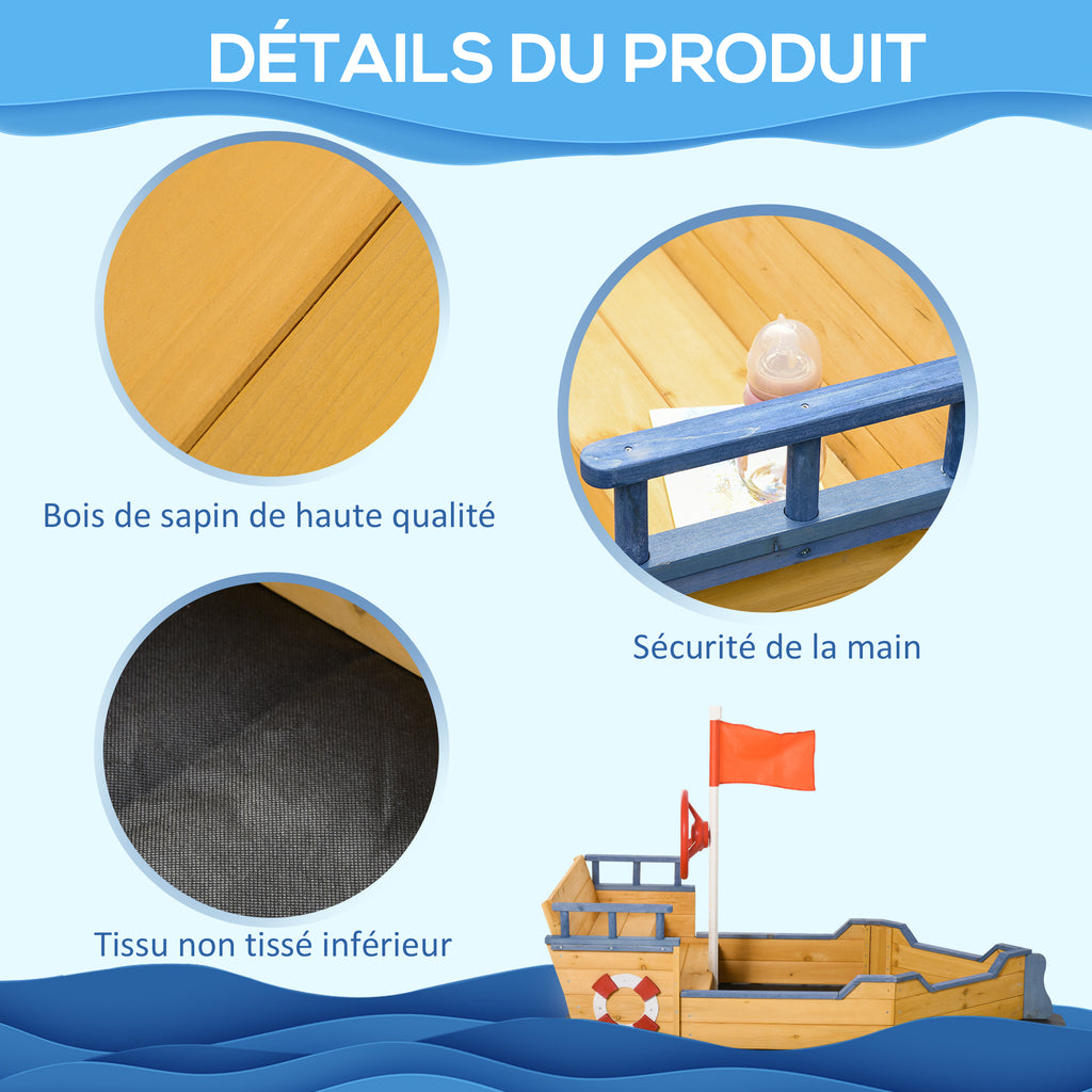 Bac à sable forme de bateau pirate boîte à sable pour enfant gouvernail drapeau rouge 2 marches et espace de rangement-6