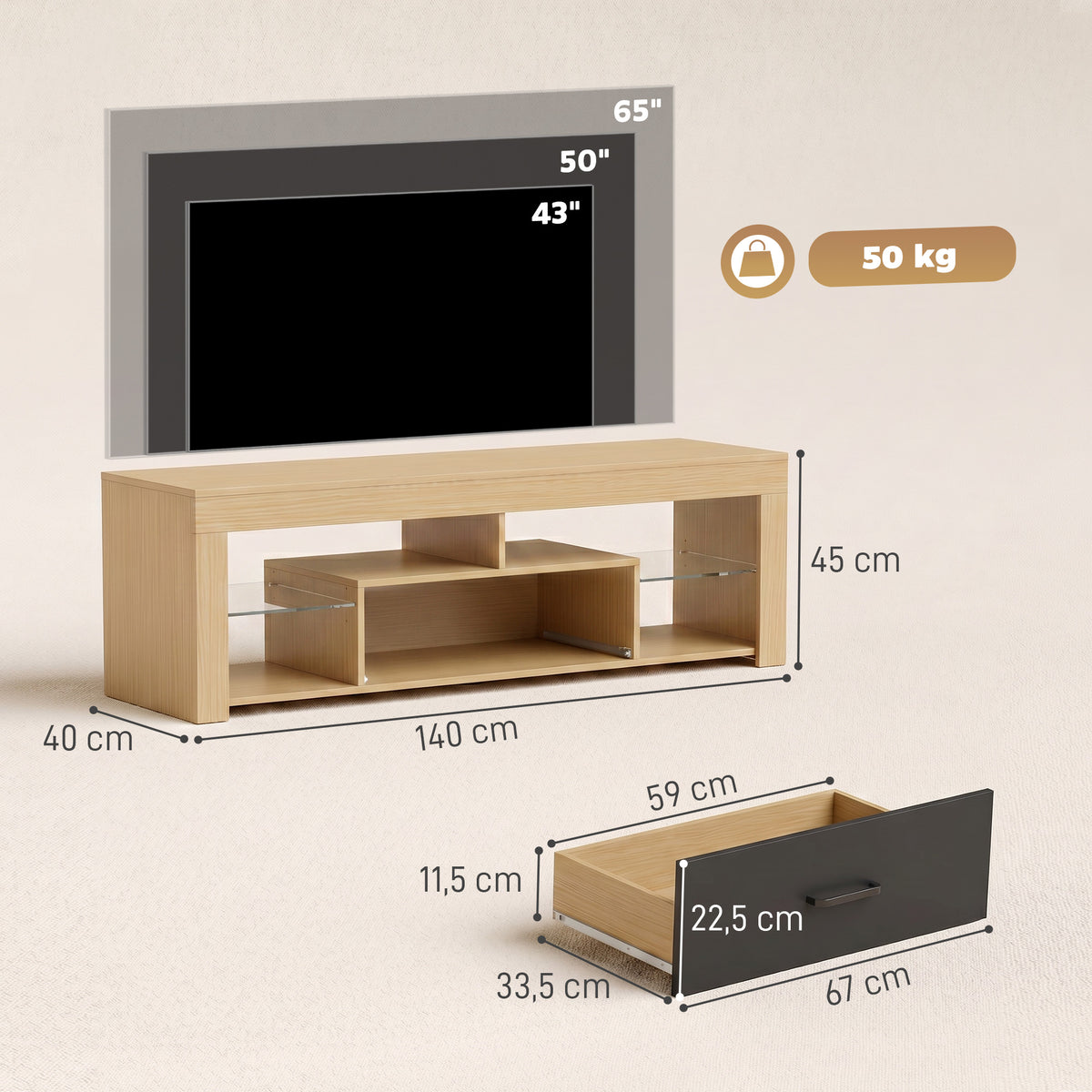 Meuble TV 140 cm, Meuble Télé pour 65 Pouces avec Étagères en Verre Réglables, Tiroir et Compartiments Ouverts, Chêne-2