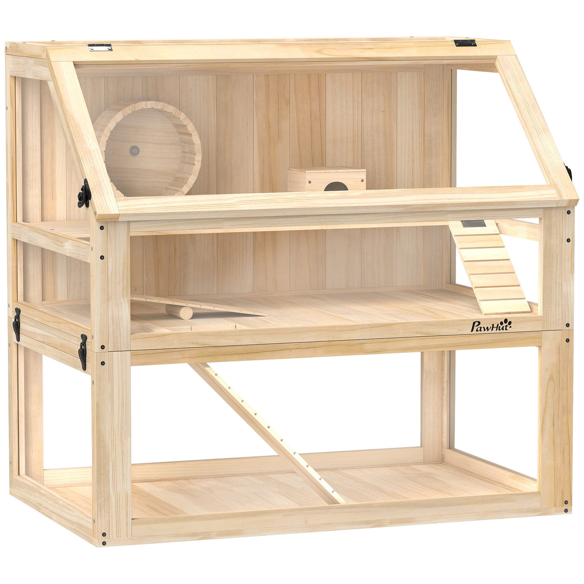 Cage hamster rongeur à 3 niveaux fond amovible de 31 cm de profondeur cabane balançoire 80x50x76cm finition bois naturel-0