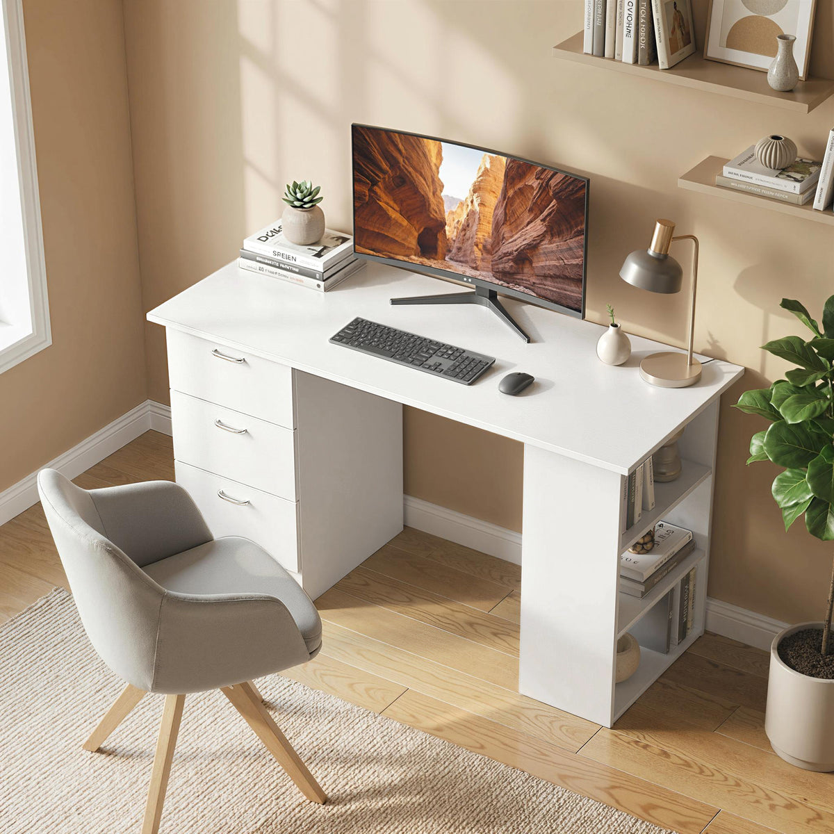 Bureau d'ordinateur avec 3 tiroirs et 3 étagères ouvertes, 120x49x72cm, bureau avec rangement réversible, style moderne, table informatique pour chambre, petit espace, télétravail, blanc-1