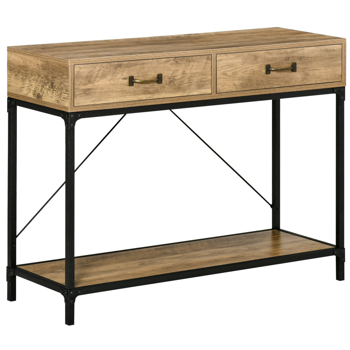 Table Console Table d'appoint d'entrée Industriel dim. 100L x 35l x 76H cm avec 2 tiroirs et 1 plateau Aspect Bois-7