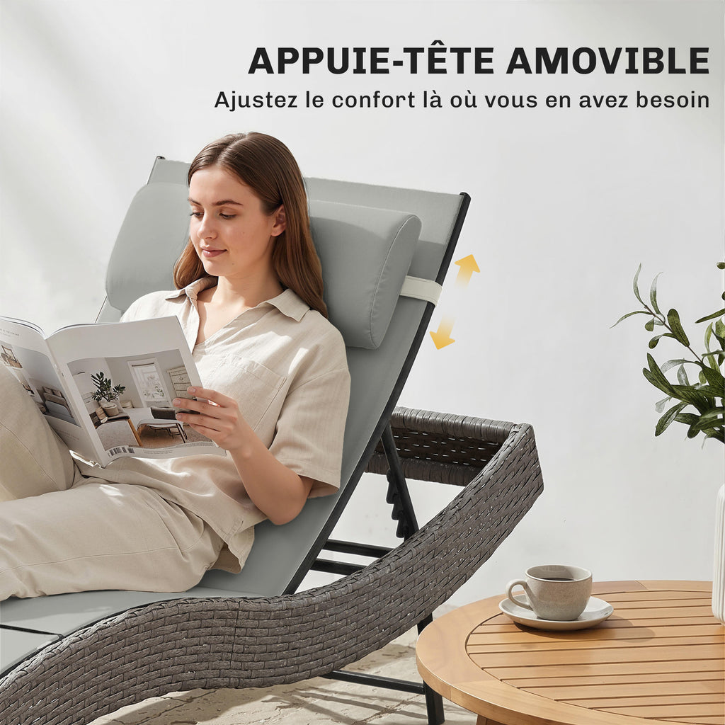 Chaise longue en résine tressé, bain de soleil avec dossier réglable 5 positions et appui-tête, 198 x 61 x 44 cm, gris-7