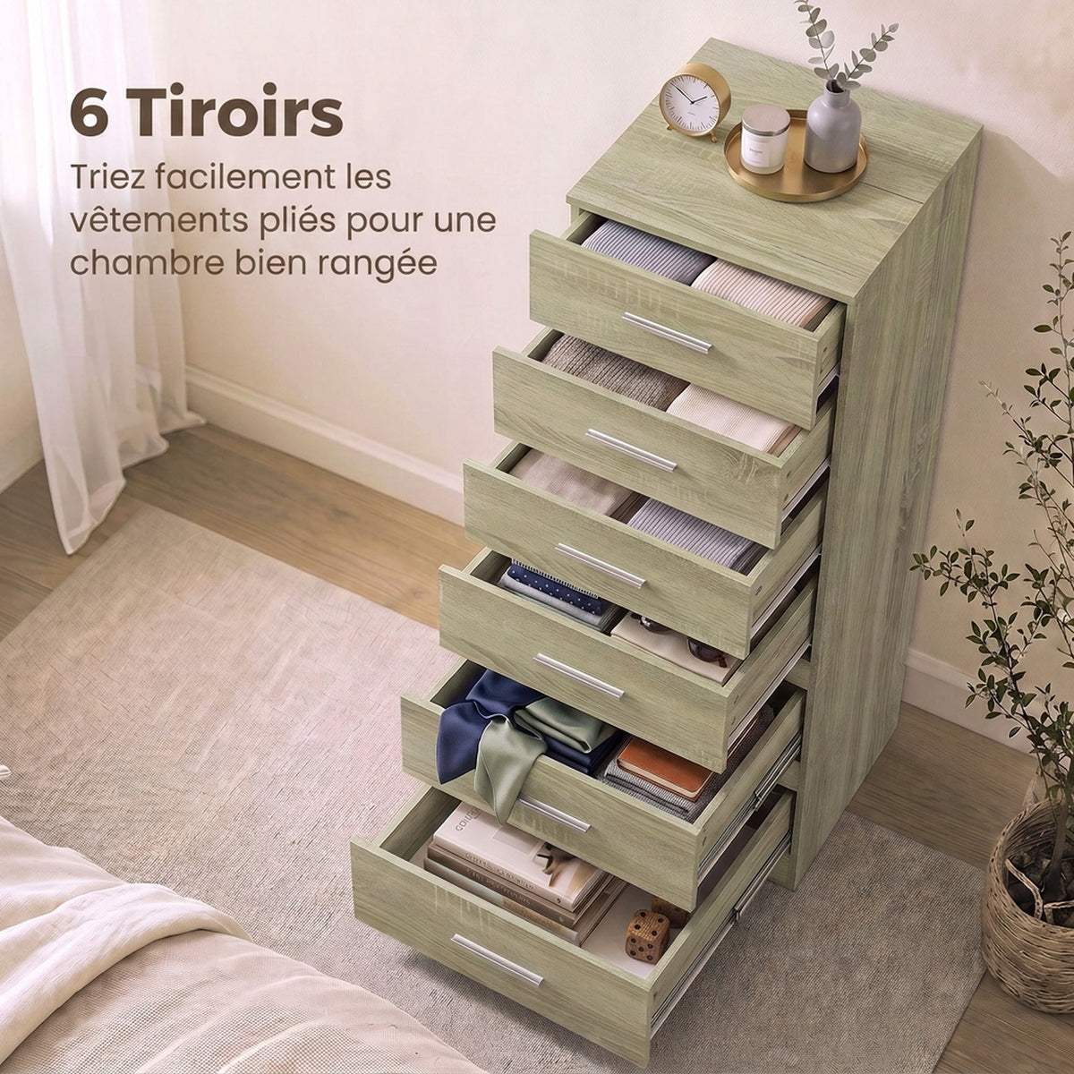 Commode 6 Tiroirs, Meuble de Rangement, Style Moderne, pour Chambre à Coucher, Entrée, Couloir, 40x40x110cm, Chêne-3