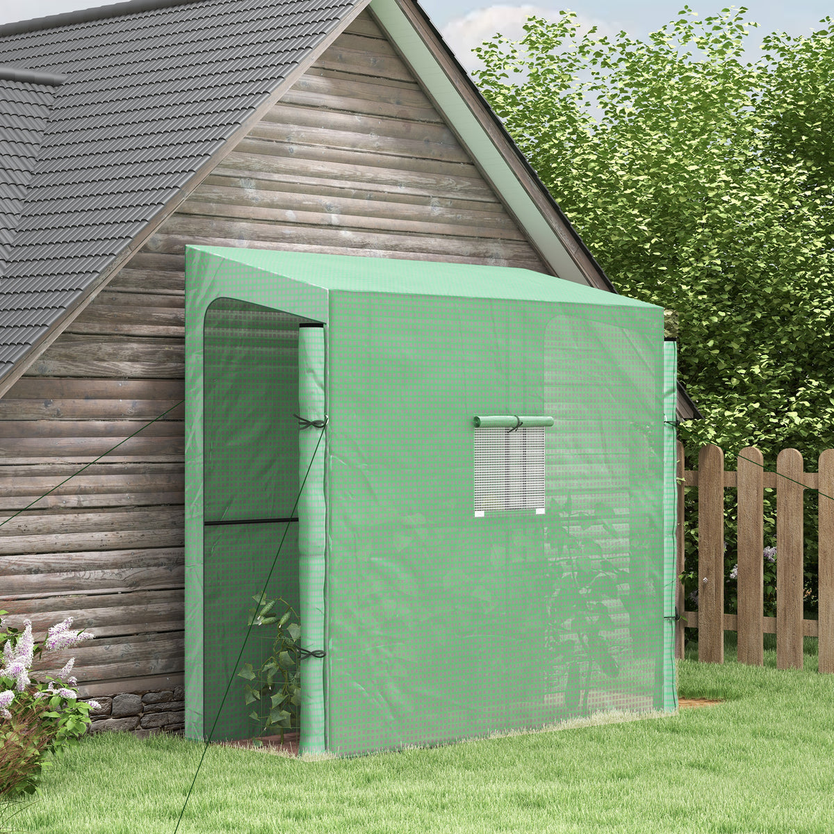 Serre de jardin adossée murale serre à tomate 2 Portes zippées enroulables, 1 fenetre, dim. 200L x 80l x 200/180H cm-9