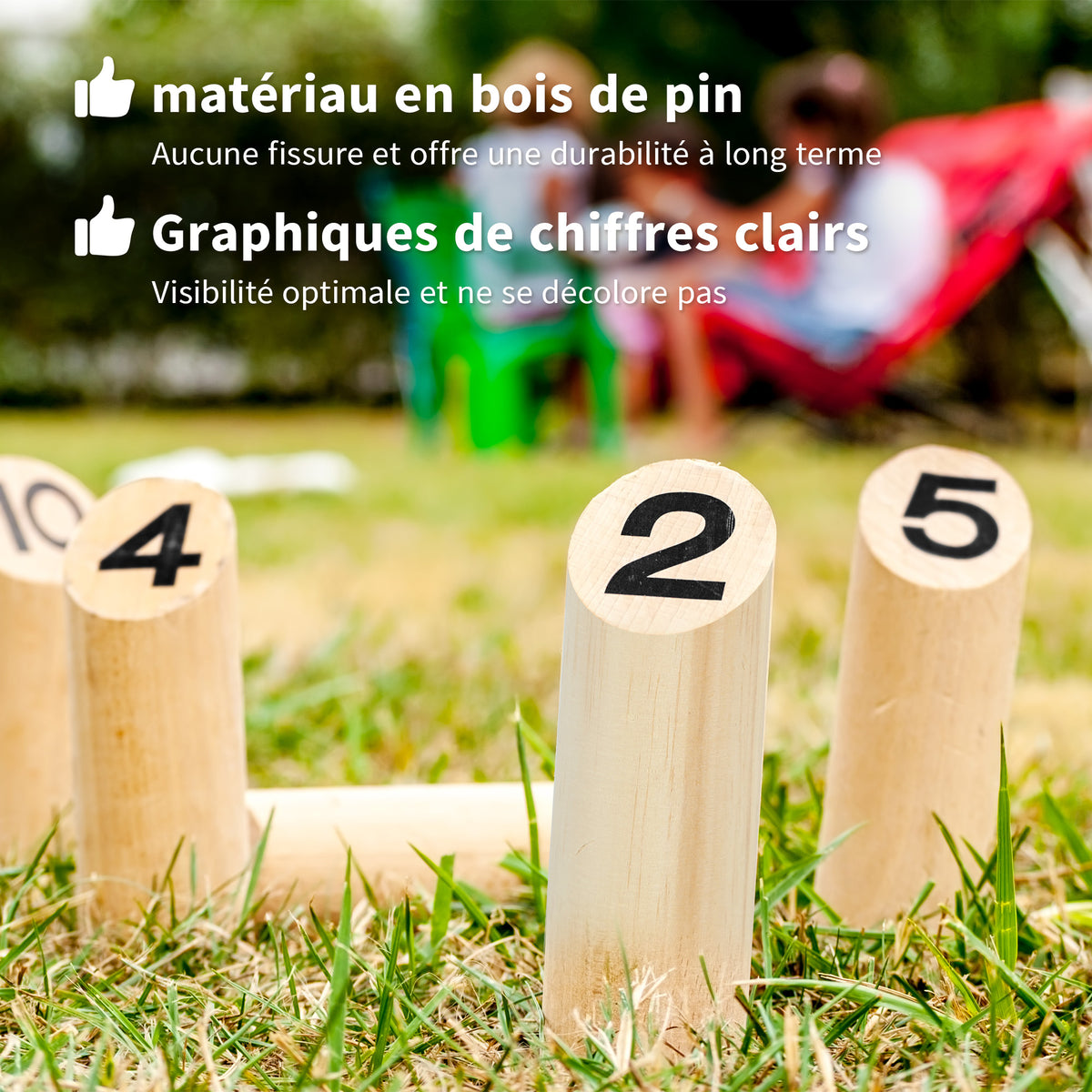 Jeu de quilles finlandaises, jeu de plein air en bois de pin 12 quilles 1 bâton 1 boîte de transport effet bois naturel-4