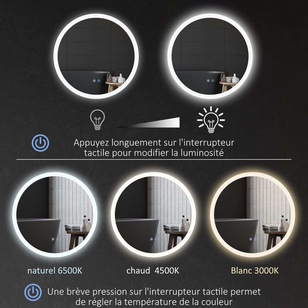Miroir rond lumineux LED de salle de bain Ø 70 cm mural éclairage interrupteur tactile système antibuée 35W blanc argent-4