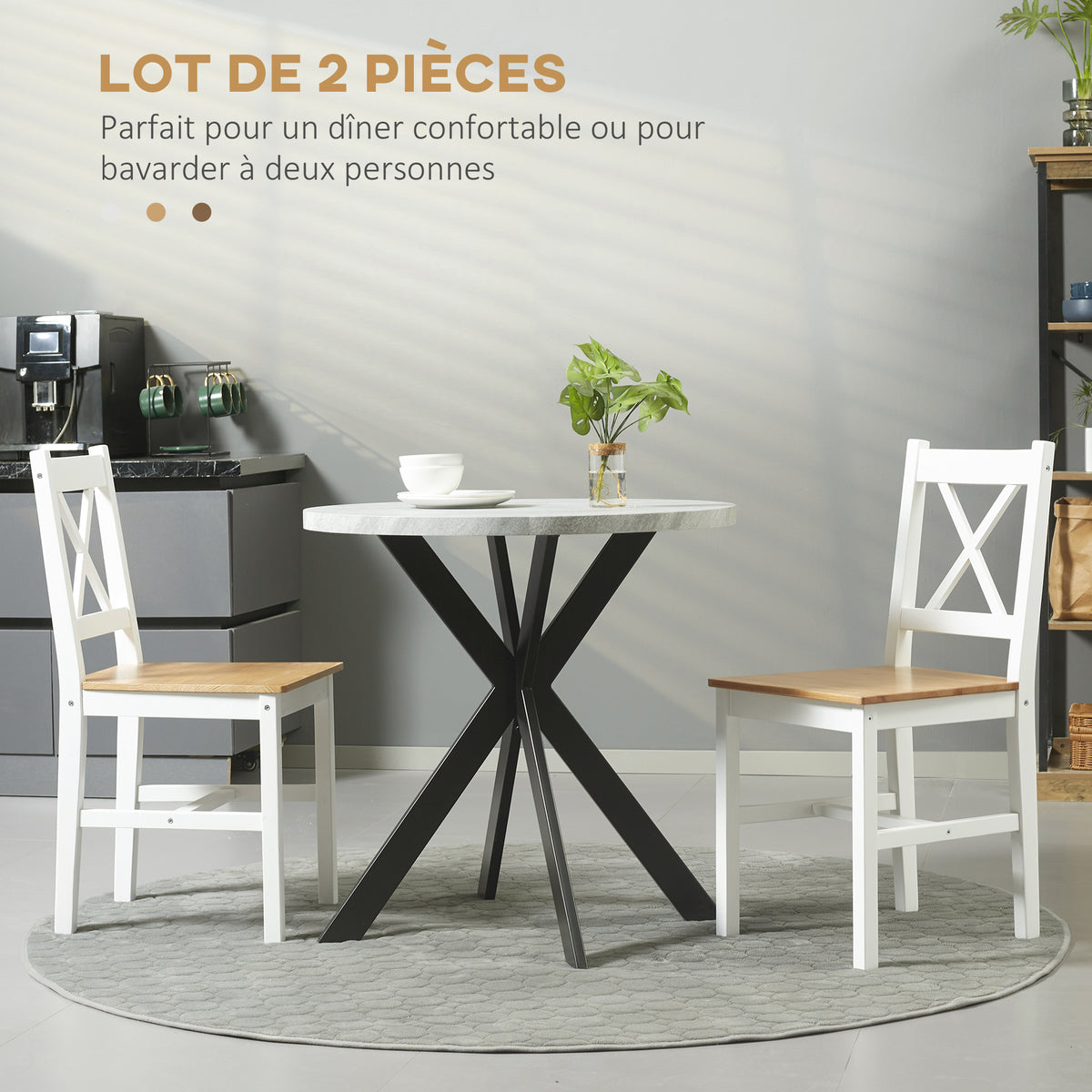 Lot de 2 chaises de salle à manger en bois massif chaise de cuisine esprit campagne dossier croisé blanc et chêne-3