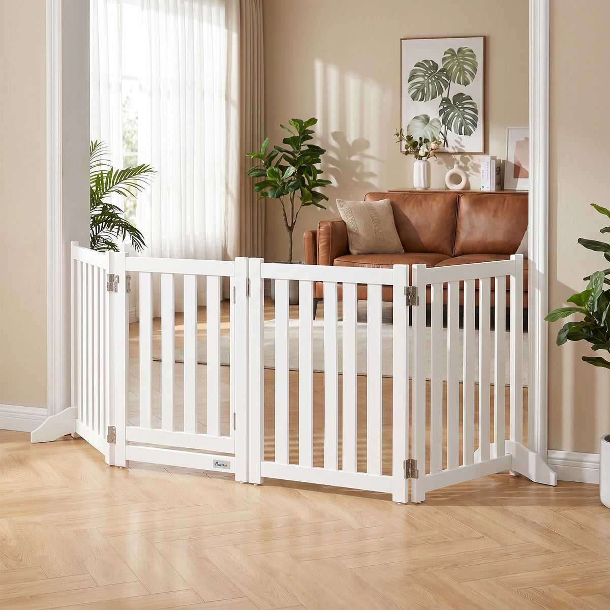 Barrière de Sécurité Chien Pliable Double Face en Bois, 4 Panneaux avec Porte, Pieds de Support, 205 x 60 cm, Blanc-1