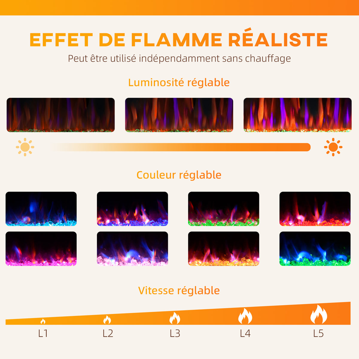 Cheminée électrique mural ou encastrable 900W/1800W, effet flamme à 12 couleurs 5 luminosités, 106,7x9,4x47cm, noir-3