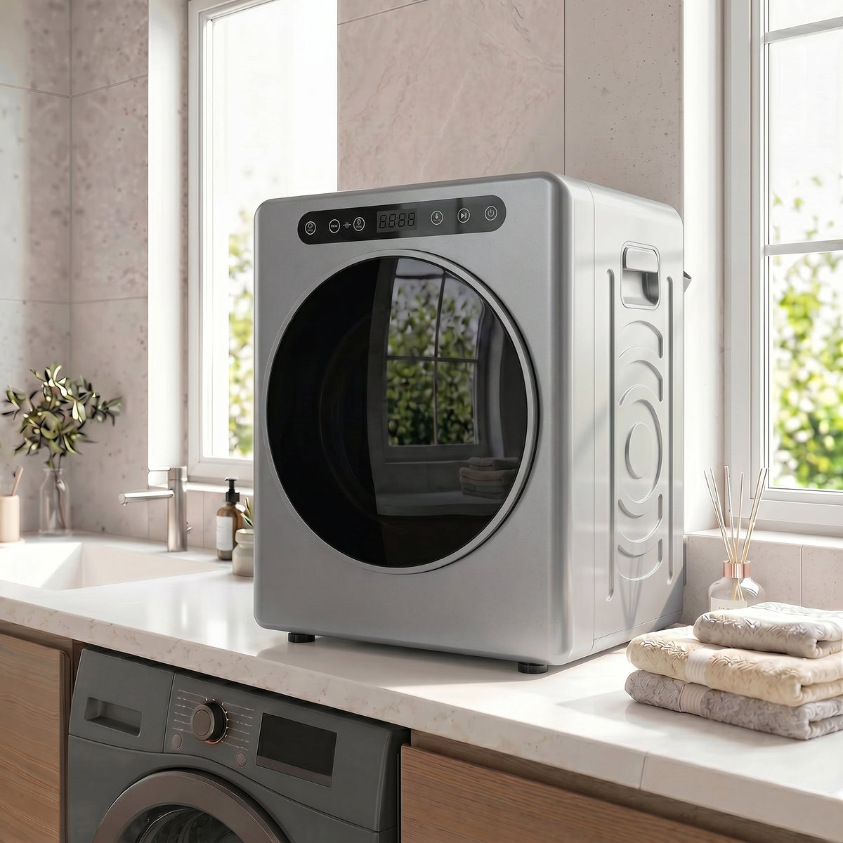Sèche linge à évacuation, sèche-linge électrique 1000 W 3 Kg, 6 modes de séchage, minuterie, acier inoxydable, argent-1