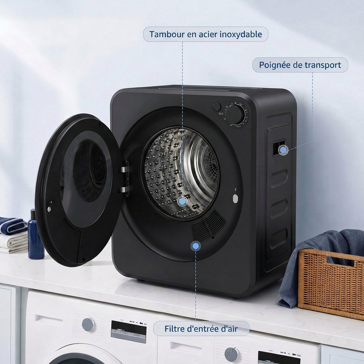 Sèche Linge à Évacuation Compact 2,5Kg, Sèche-Linge Électrique 400/800 W, 5 Modes de Séchage, Charge Frontale, Noir-6