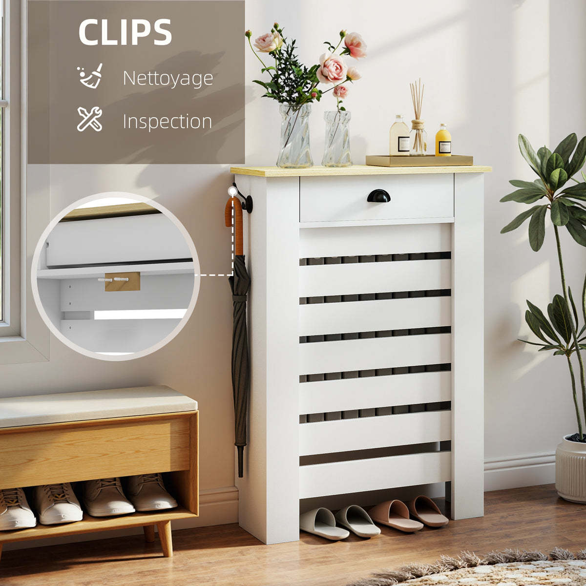 Couvercle de radiateur cache radiateur grille à lattes horizontales avec 2 tiroirs en bois 78l x 19P x 95,5H cm blanc-4