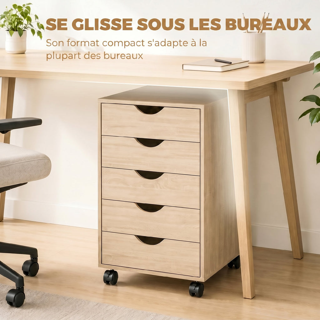 Caisson bureau mobile, meuble rangement sur roulettes avec 5 tiroirs, bois, 40 x 40 x 67 cm, chêne-5