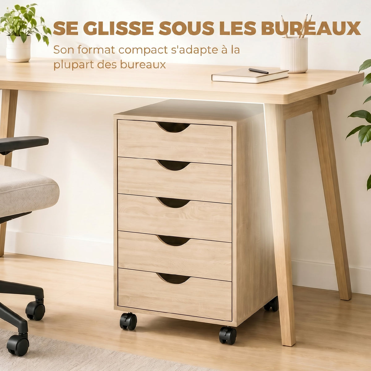 Caisson bureau mobile, meuble rangement sur roulettes avec 5 tiroirs, bois, 40 x 40 x 67 cm, chêne-5