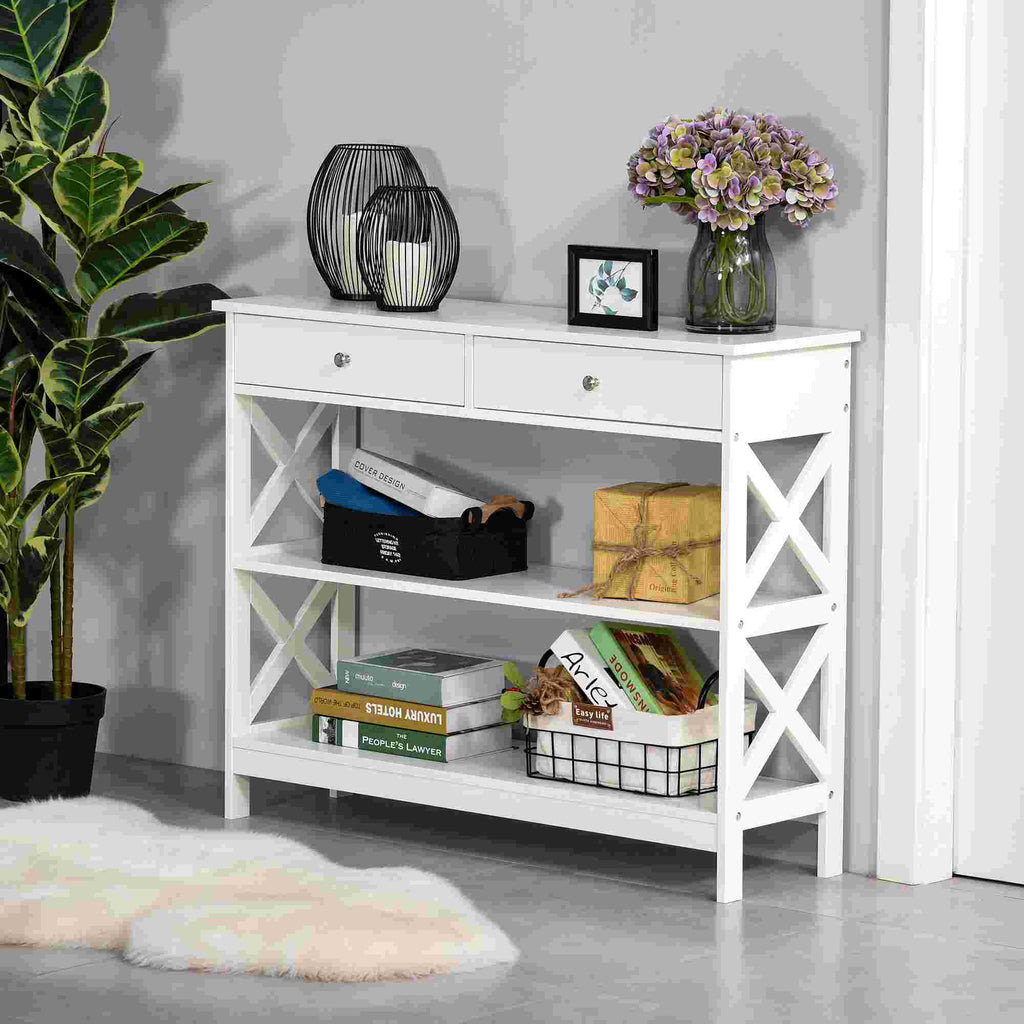 Table de console table d'entrée style table de drapier néo-rétro 2 tiroirs 2 étagères dim. 100L x 30,5l x 80H cm en bois blanc-9