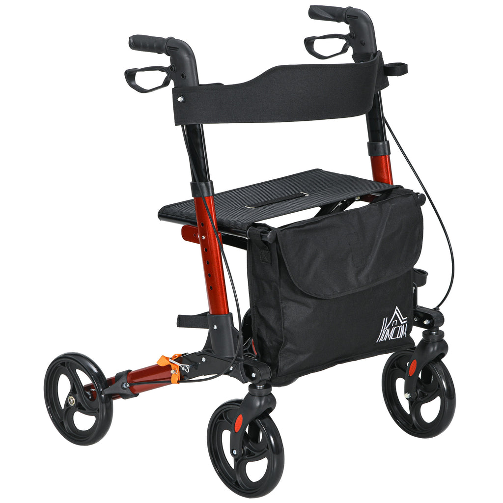 Déambulateur 4 Roues Pliable en Aluminium, Hauteur Réglable 6 Positions, Freins Doubles, Rangement, 64x67x92cm, Rouge-0