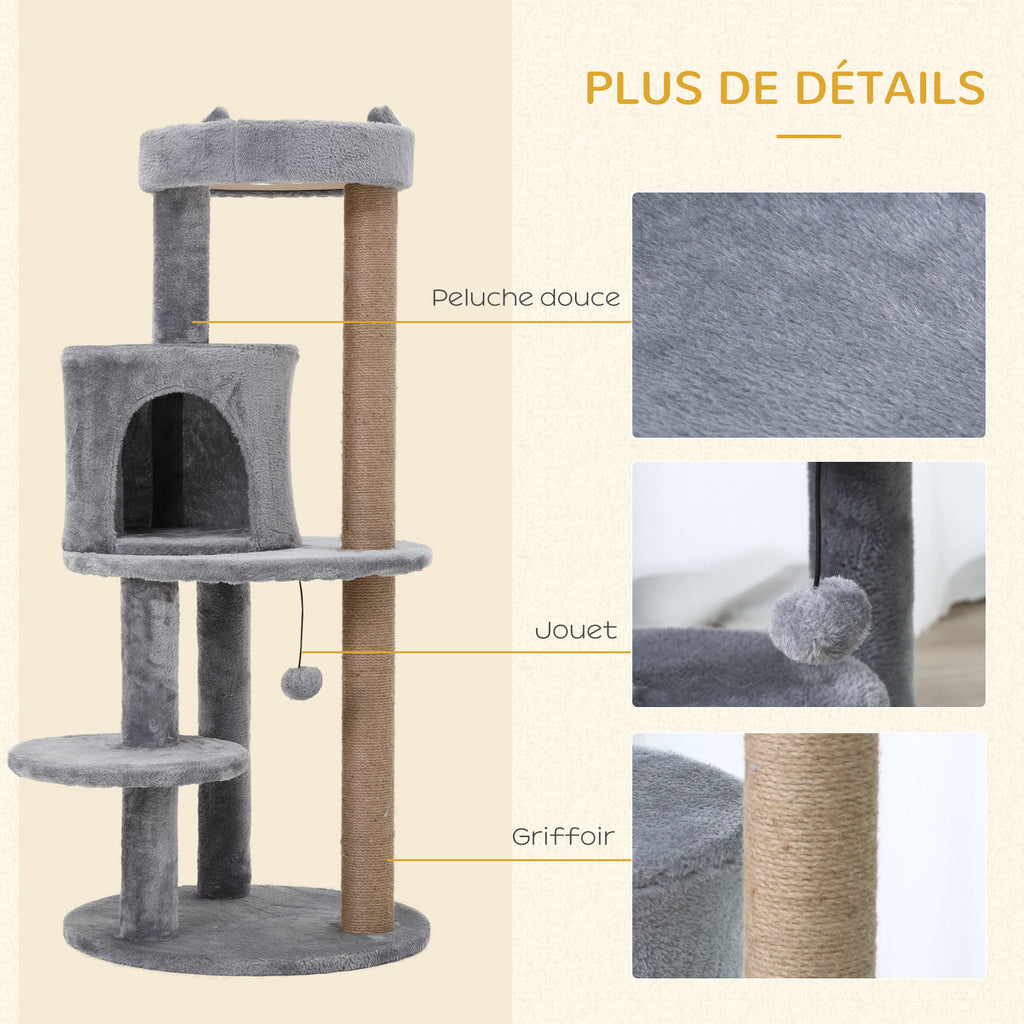 Arbre à chats multi-équipements griffoirs grattoirs plateformes niche jeu boule suspendue Ø 48 x 104H cm gris-5