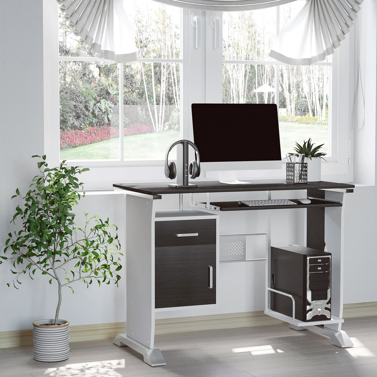 Bureau d'ordinateur, 100 x 52 x 75 cm, bureau avec tablette coulissante pour clavier, tiroirs et support d'unité centrale, table informatique pour étudier noyer foncé et blanc-1