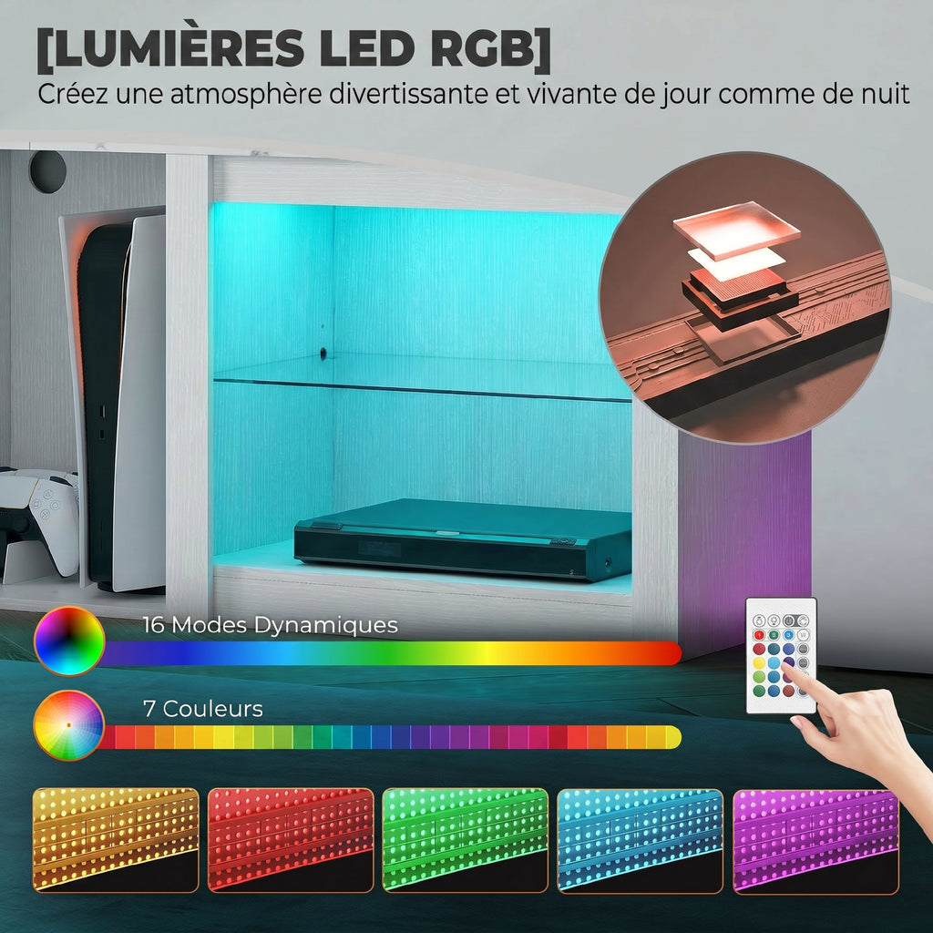 Meuble TV avec éclairage LED pour télévision jusqu'à 70 pouces, 160cm avec étagères en verre réglables, blanc-3