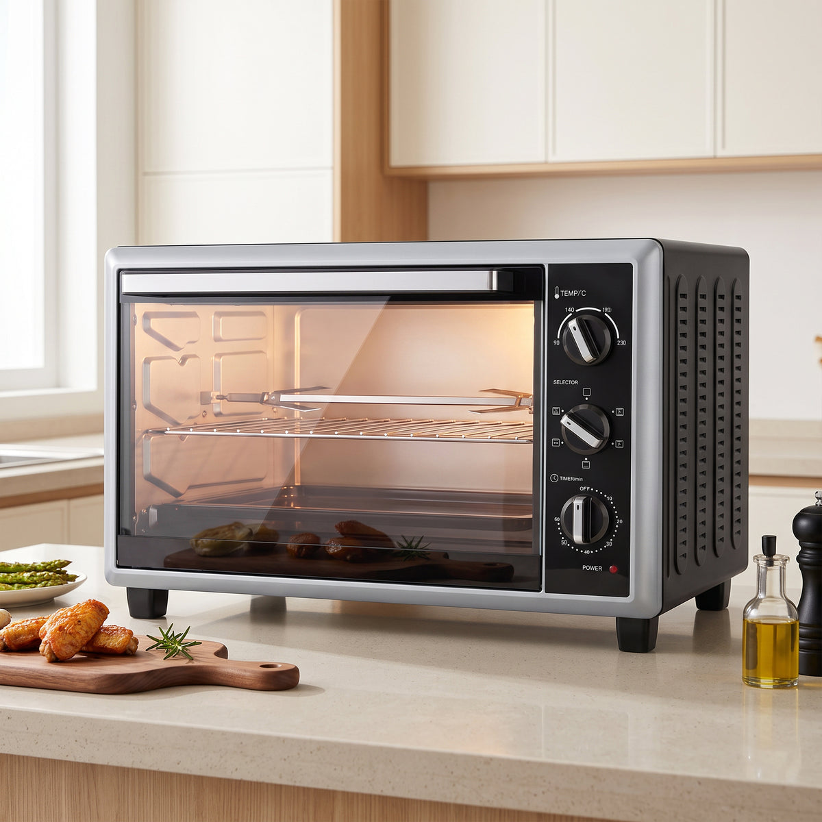Mini-Four Électrique avec Broche Rotative 32L 1500W, Four à Convection Multifonction, Chaleur Tournante, Minuterie, Noir-1