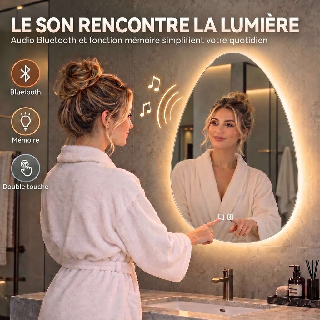 Miroir Salle de Bain Bluetooth avec Éclairage LED 50x70cm, Forme Galet, Dimmable 3 Couleurs, Anti-Buée, Mémoire, Argenté-3