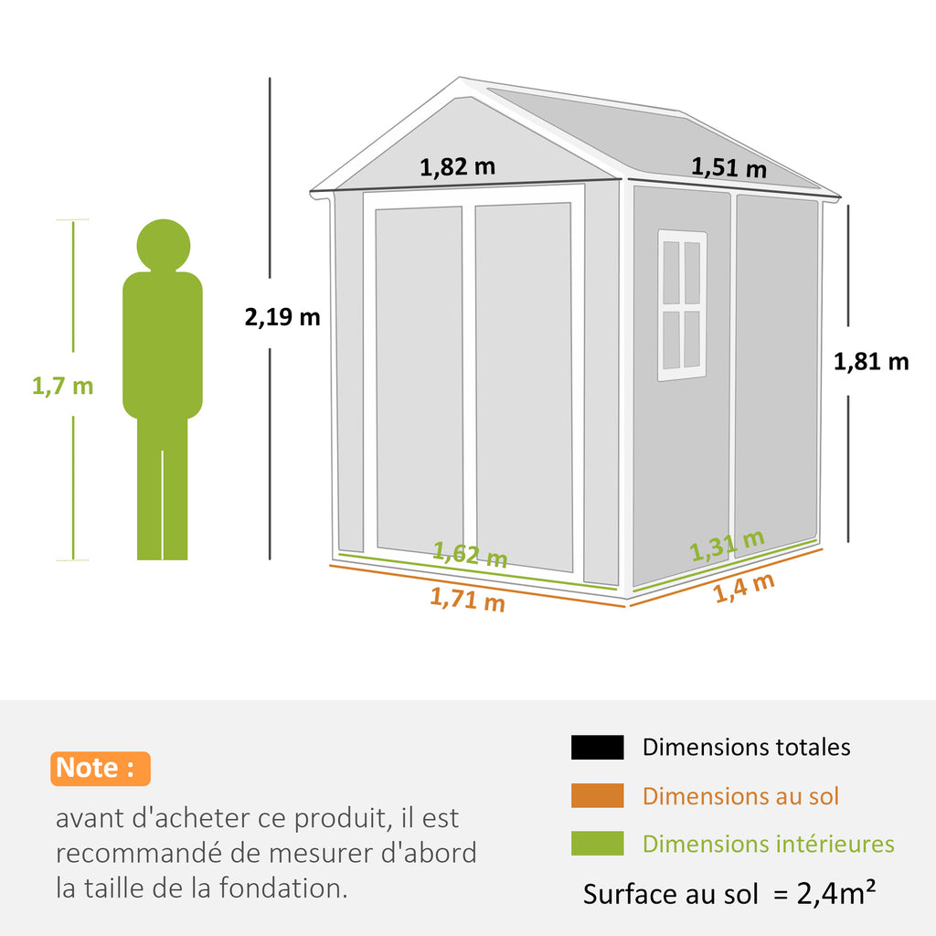 Abri de jardin en résine 2,7 m² avec plancher portes à loquet 3 fenêtre structure en aluminium 240 x 190 x 228 cm gris-2