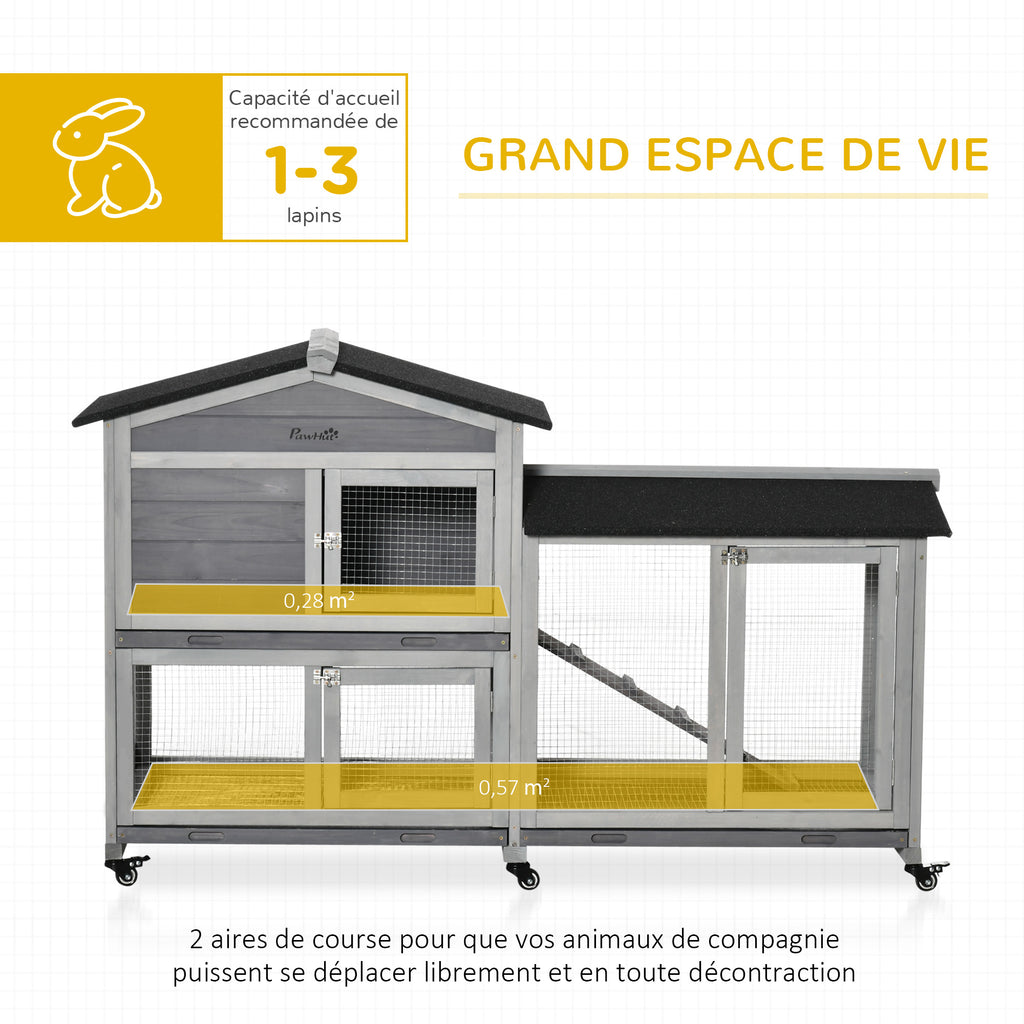 Clapier bois pour lapins petit enclos animaux villa pour lapin sur roulettes 2 étages gris-3