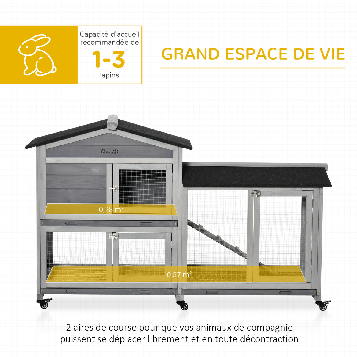 Clapier bois pour lapins petit enclos animaux villa pour lapin sur roulettes 2 étages gris-3