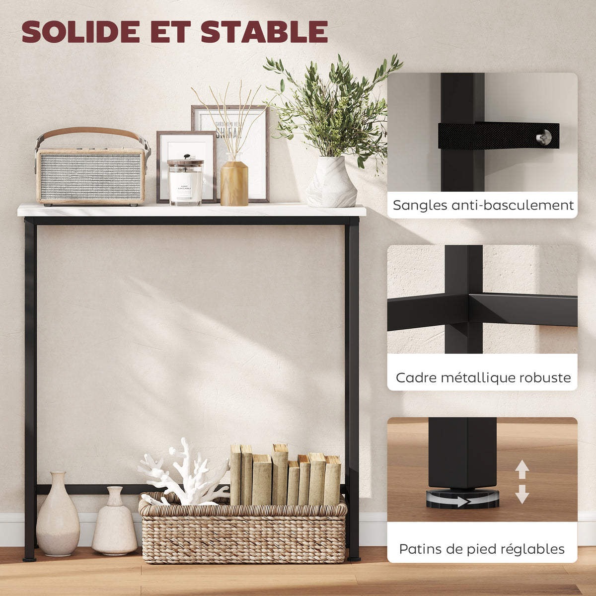Console meuble 75 cm, table console plateaux en effet marbre, cadre en métal, style moderne blanc et noir-4