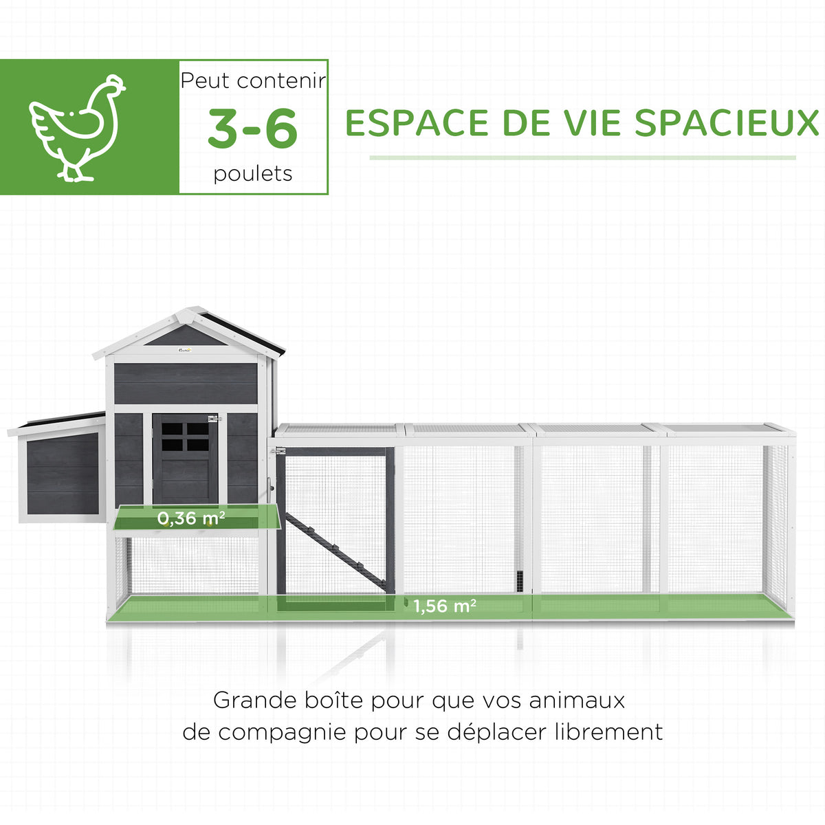 Poulailler en bois poulailler pour poules extérieur avec pondoir bac amovible en bois massif 297,5 x 68 x 118 cm blanc-3