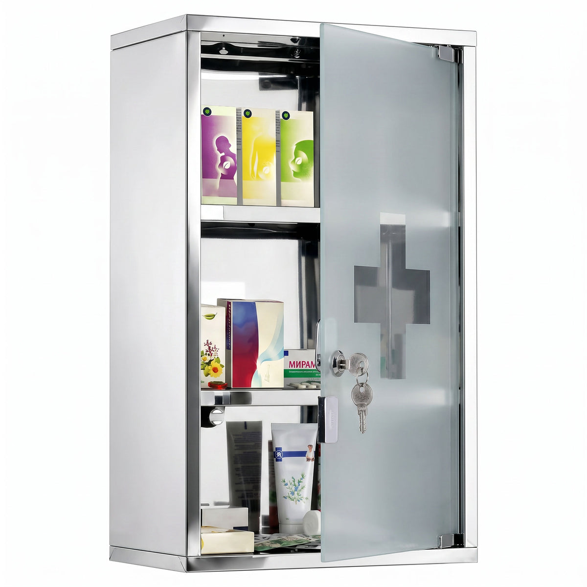 Armoire à pharmacie murale à 3 niveaux en acier inoxydable avec porte verrouillable en verre avec 2 clés-0