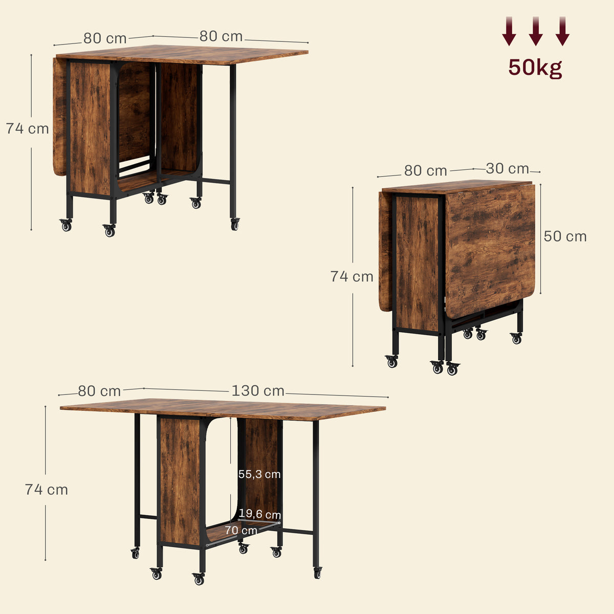Table pliante de cuisine extensible salle à manger sur roulettes jusqu'à 6 personnes étagère intégrée, 6 roues, Marron-2