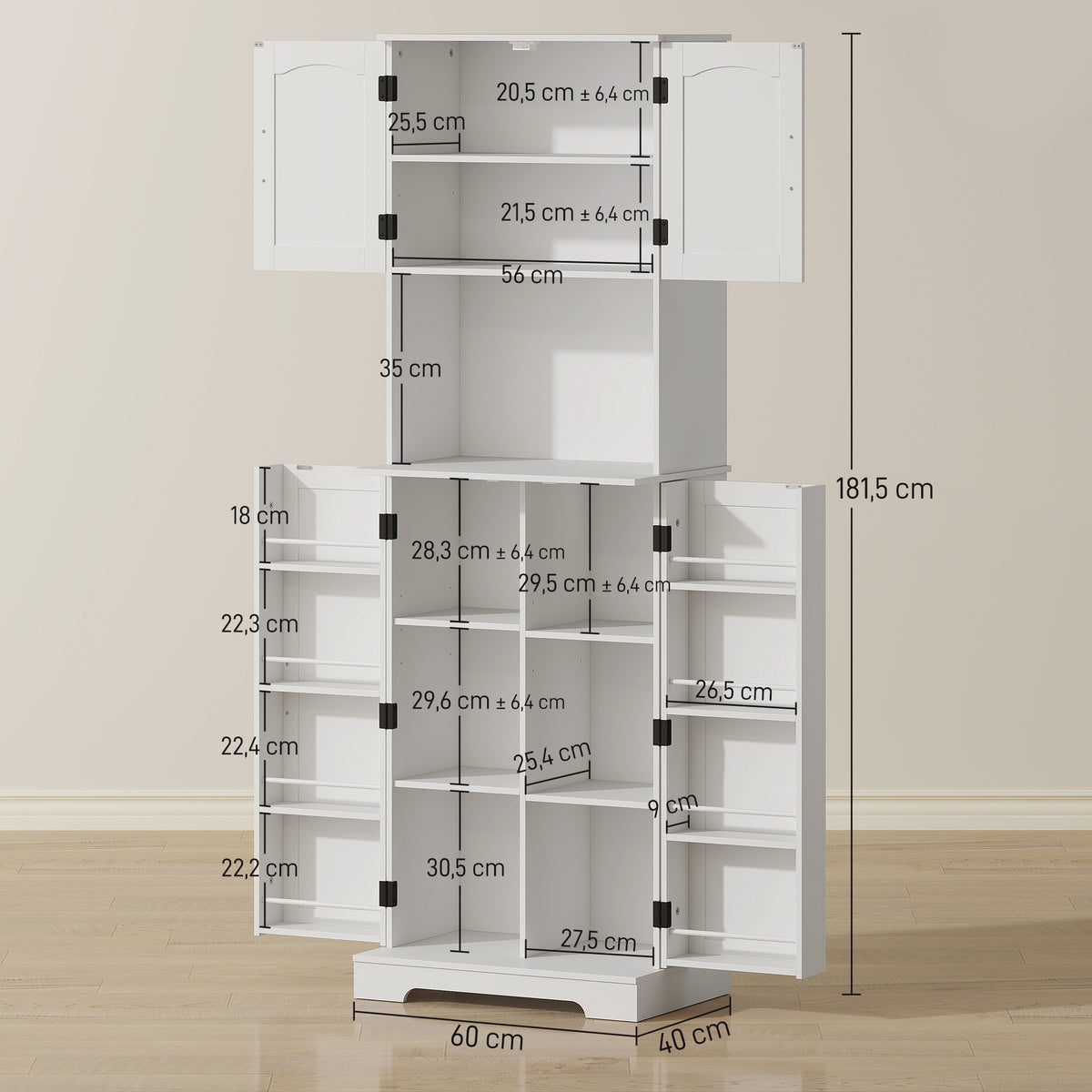 Buffet haut cuisine armoire de cuisine, 4 portes plan de travail 8 porte-épices étagères réglables 60x40x181,5cm blanc-2