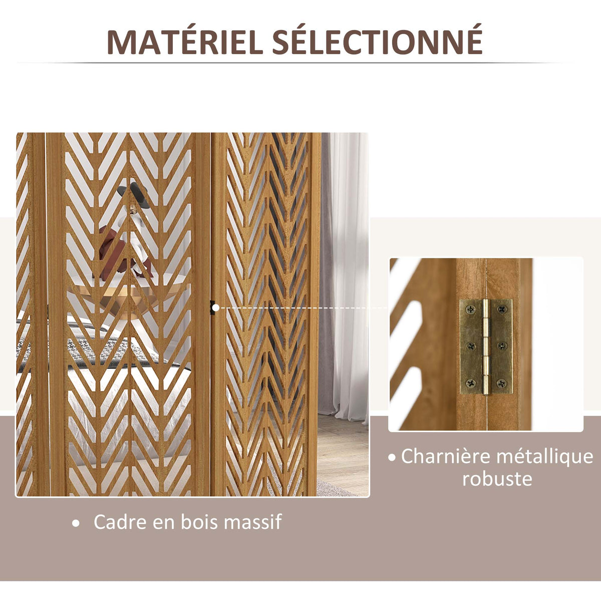 Paravent en bois ajouré séparateur de pièce closion intérieur pliable 4 panneaux en bois 160 x 170 cm naturel-4