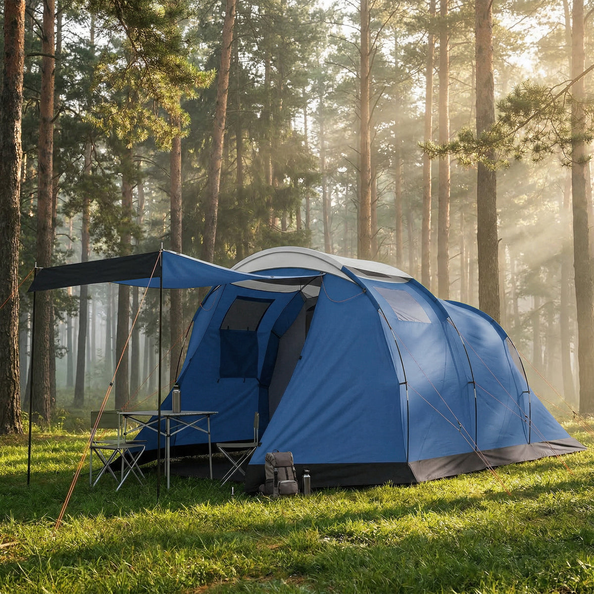 Tente de Camping Tunnel pour 4 Personnes Imperméable 3000mm Double Couche Hauteur 190cm Bleu Foncé-1