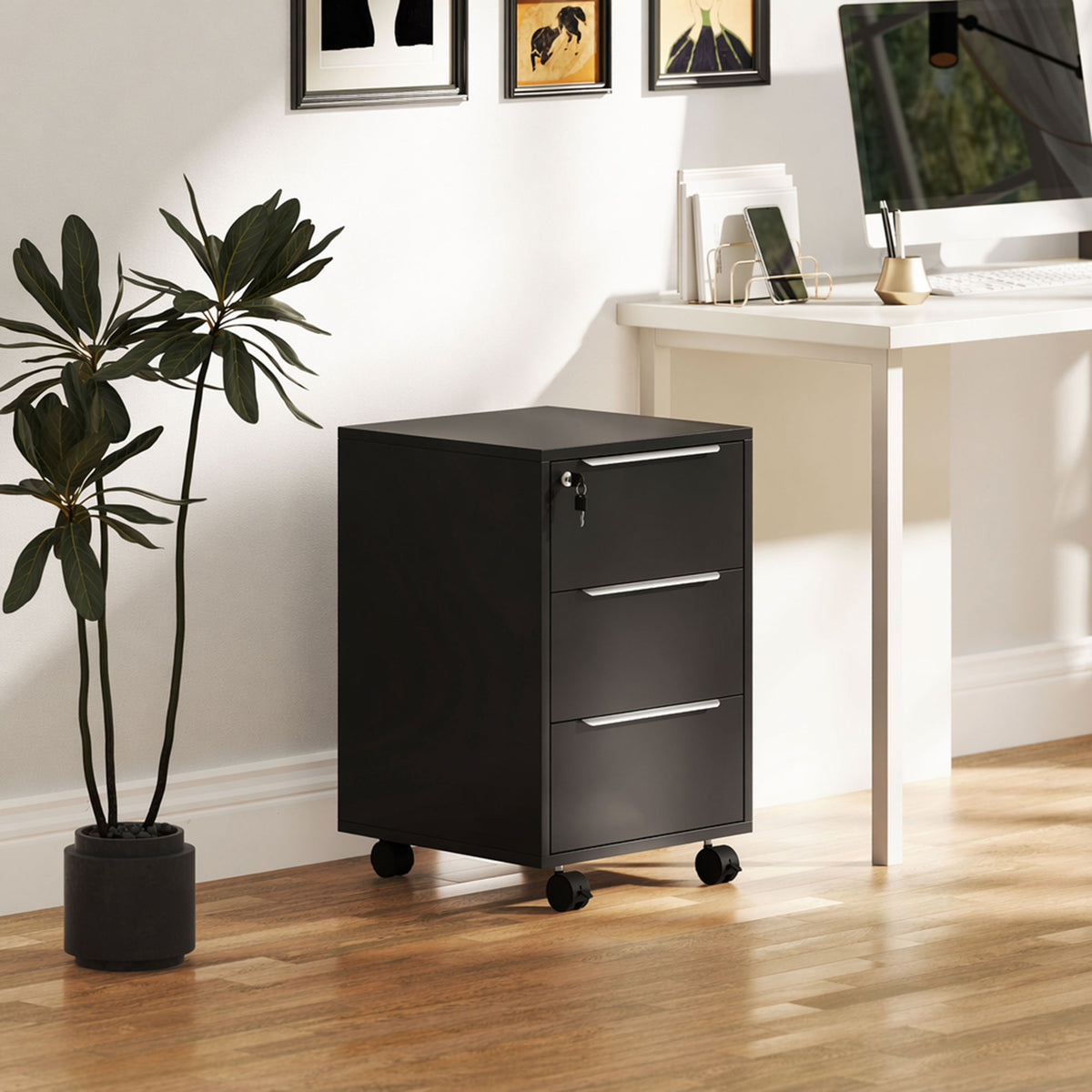Caisson de bureau à roulettes avec 3 tiroirs et serrure, meuble rangement bureau sur roulettes, 40 x 40 x 63,5 cm, noir-1