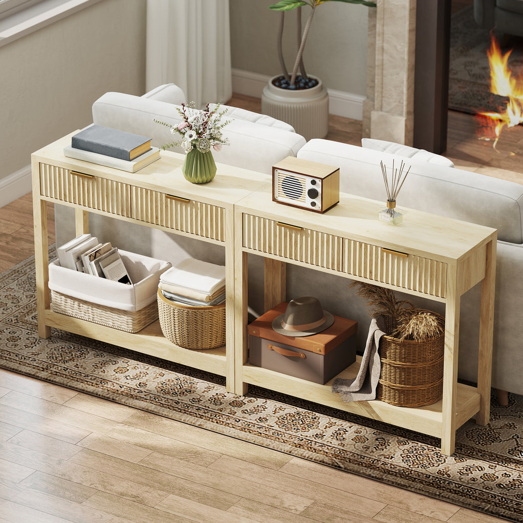 Console meuble 90 cm, table console étroite avec 2 tiroirs rainurés et étagère, style moderne, bois naturel-8