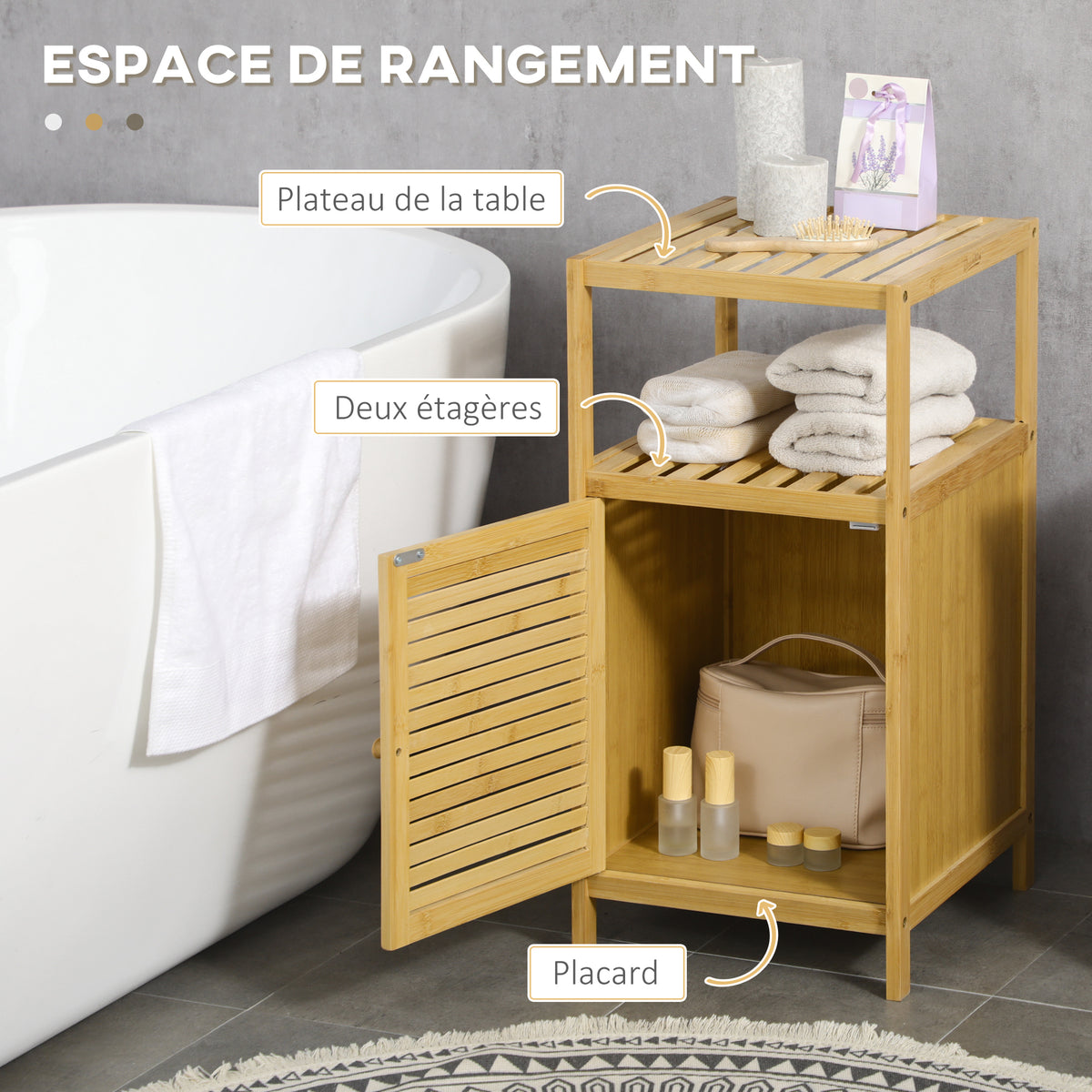 Meuble de rangement pour salle de bain en bambou 2 étagères et 1 placard avec porte 33 x 36,5 x 67 cm naturel-3