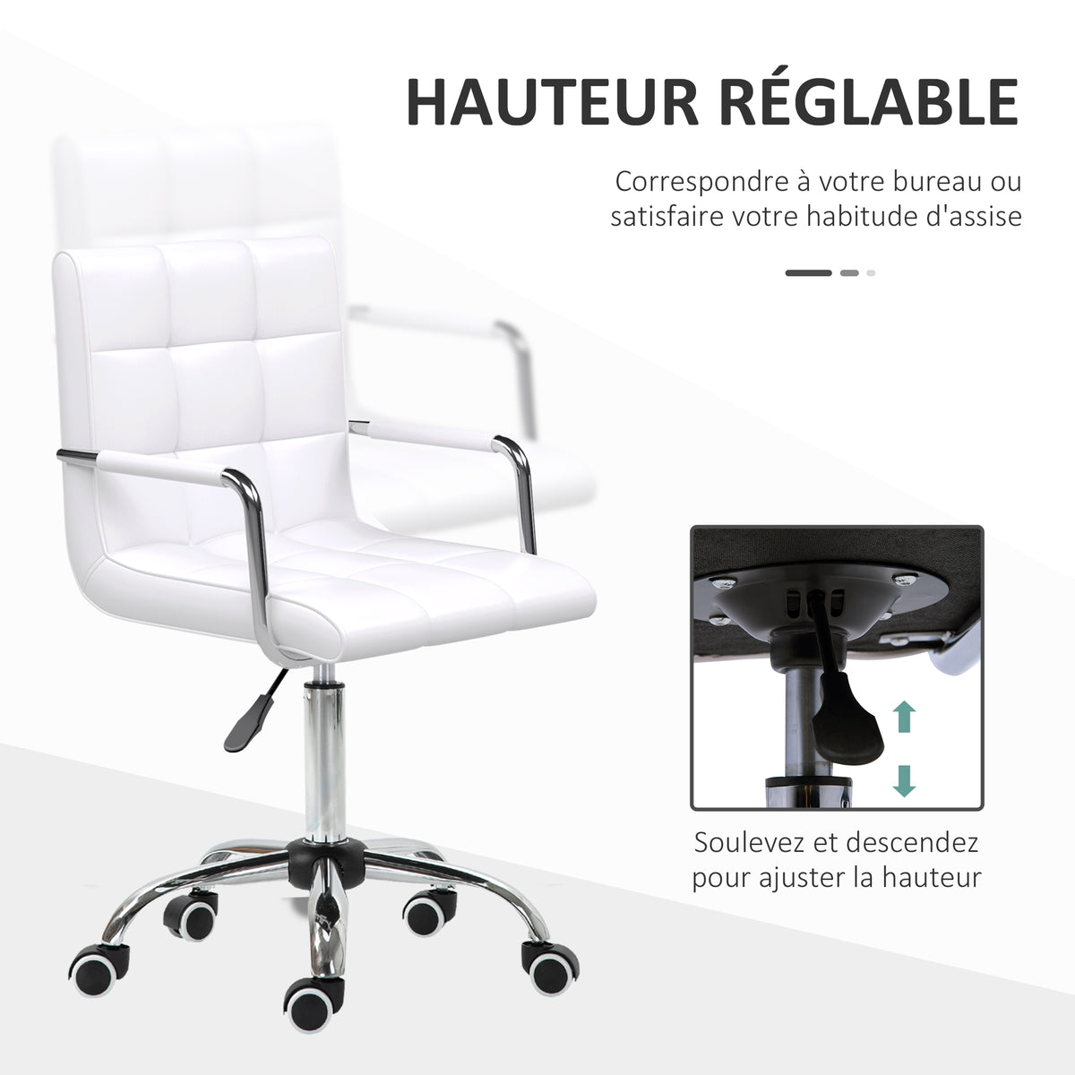 Chaise de bureau fauteuil manager pivotant hauteur réglable revêtement synthétique capitonné blanc-3