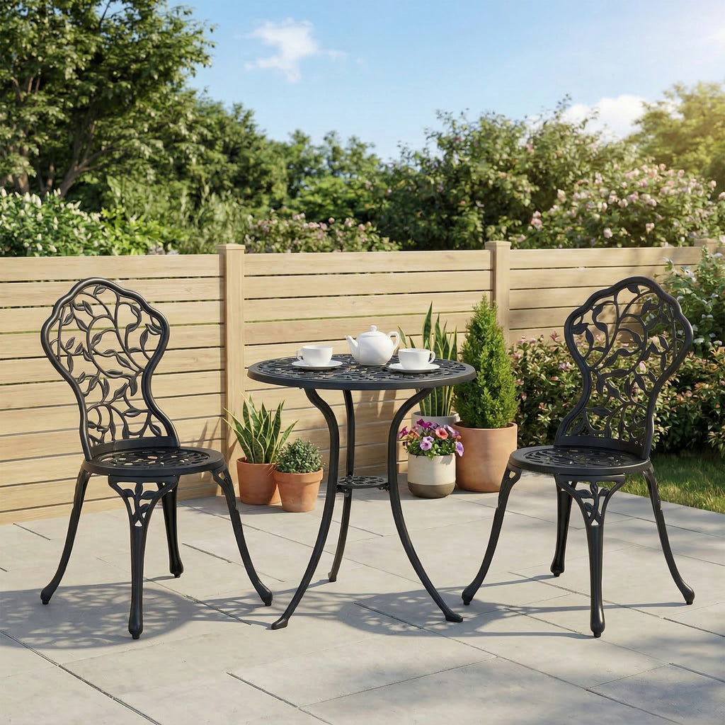 Ensemble de bistrot 3 pièces avec 2 chaises et 1 table ronde style antique, pour jardin, terrasse, balcon, noir-1