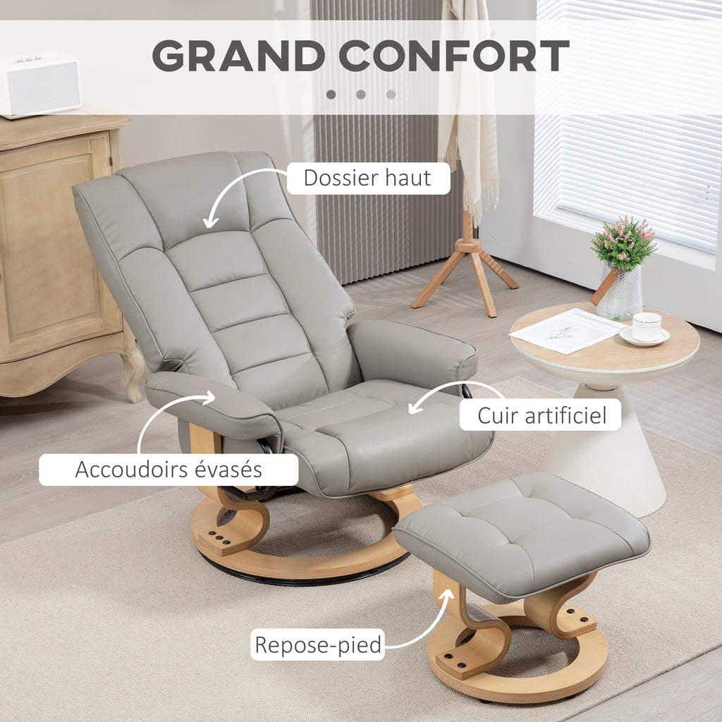 Fauteuil de relaxation inclinable avec repose-pied, pivotant, cadre en bois , revêtement synthétique gris-6