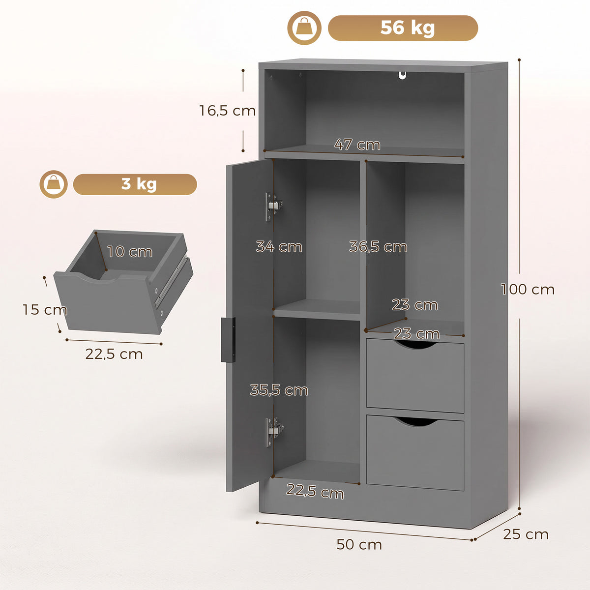 Meuble de salle de bain, meuble de rangement étroit avec 2 tiroirs, compartiments ouverts, 50x25x100cm, gris-2