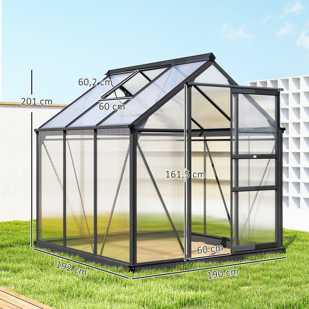 Serre de jardin polycarbonate 3,65m² 190 x 192 x 201 cm résistant aux UV fondation renforcé gouttière Gris-2