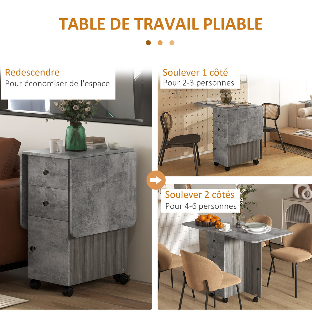 Table de cuisine pliable table à manger pliante 2 plateaux rabattables avec 2 tiroirs 1 placard et 1 étagère de rangement 120 x 60 x 76,5 cm - gris-4