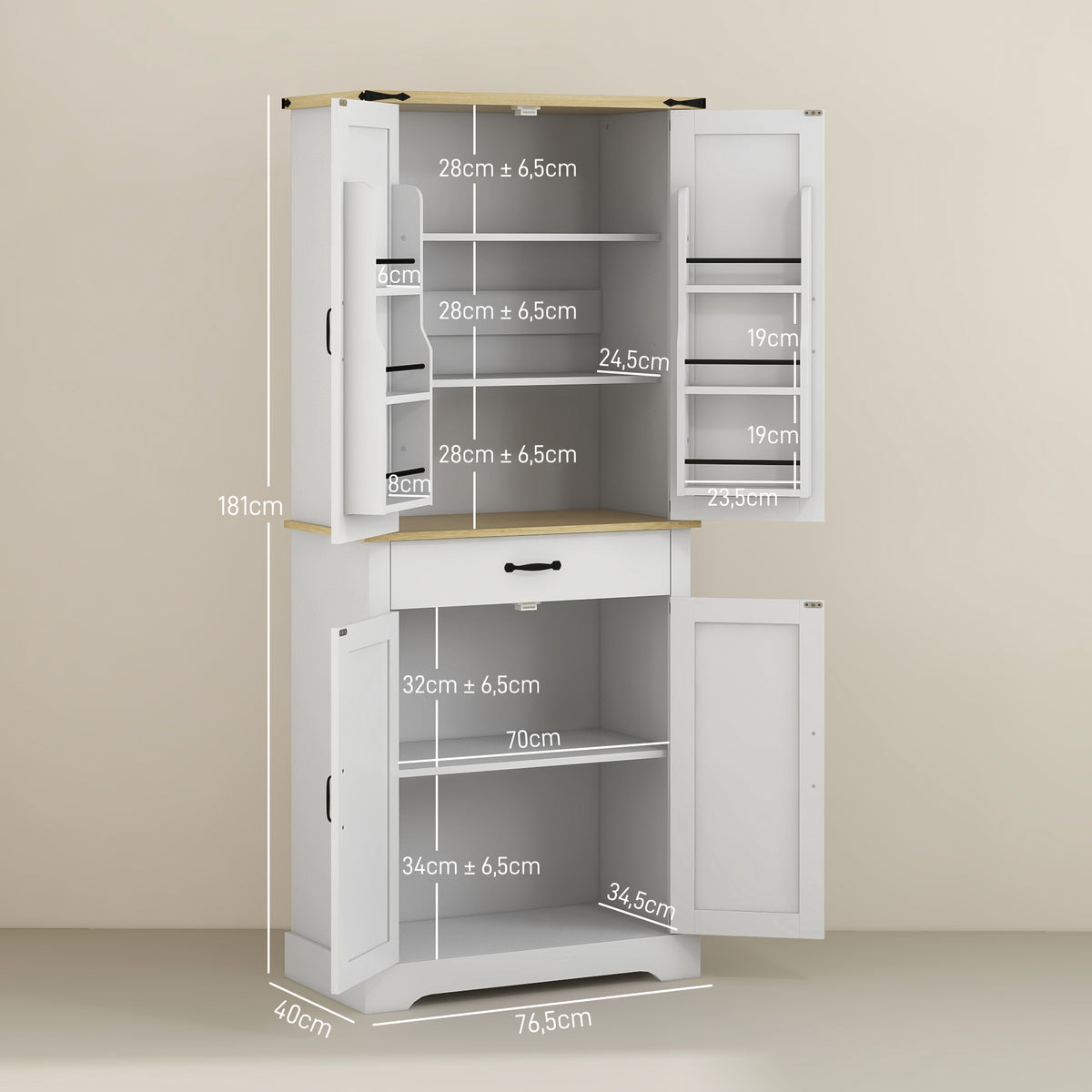 Armoire de cuisine buffet cuisine, 4 portes, 6 étagères à porte,1 tiroir et étagères réglables 76,5 x 40 x 181 cm blanc-2