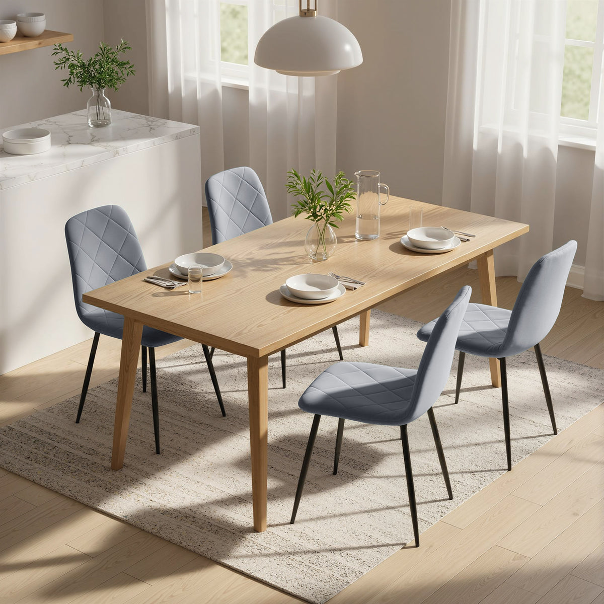 Lot de 4 chaises de salle à manger rembourrées avec dossier haut, pieds en acier et tissu effet velours, gris-1